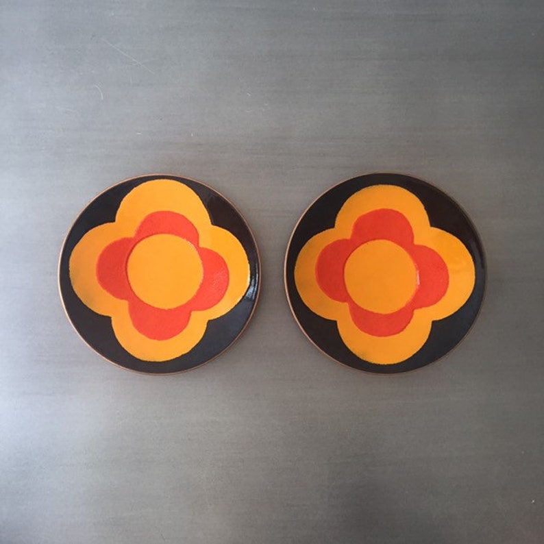 Mid Century Enamelled Flower Dishes // De Passillé Sylvestre // Modernist Pin Trinket Dish // Black Red Orange // Canadian Modern Design afbeelding 1