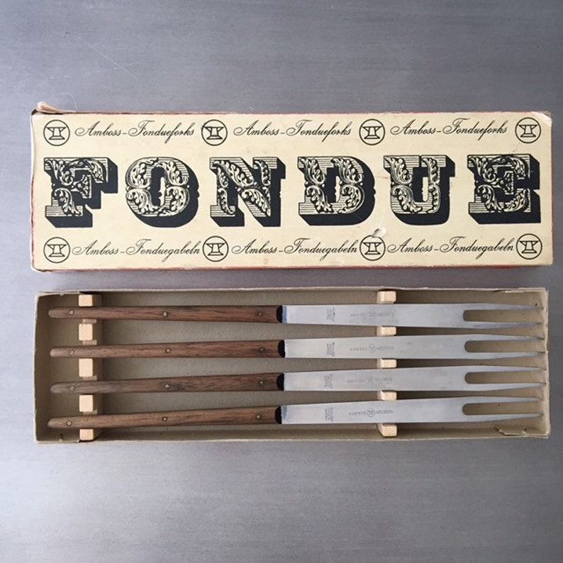 4 Carl Aub\u00f6ck Stainless Steel Rosewood Original Box Mid Century Modern Design Vintage Amboss Austria Fondue Fork Set Four