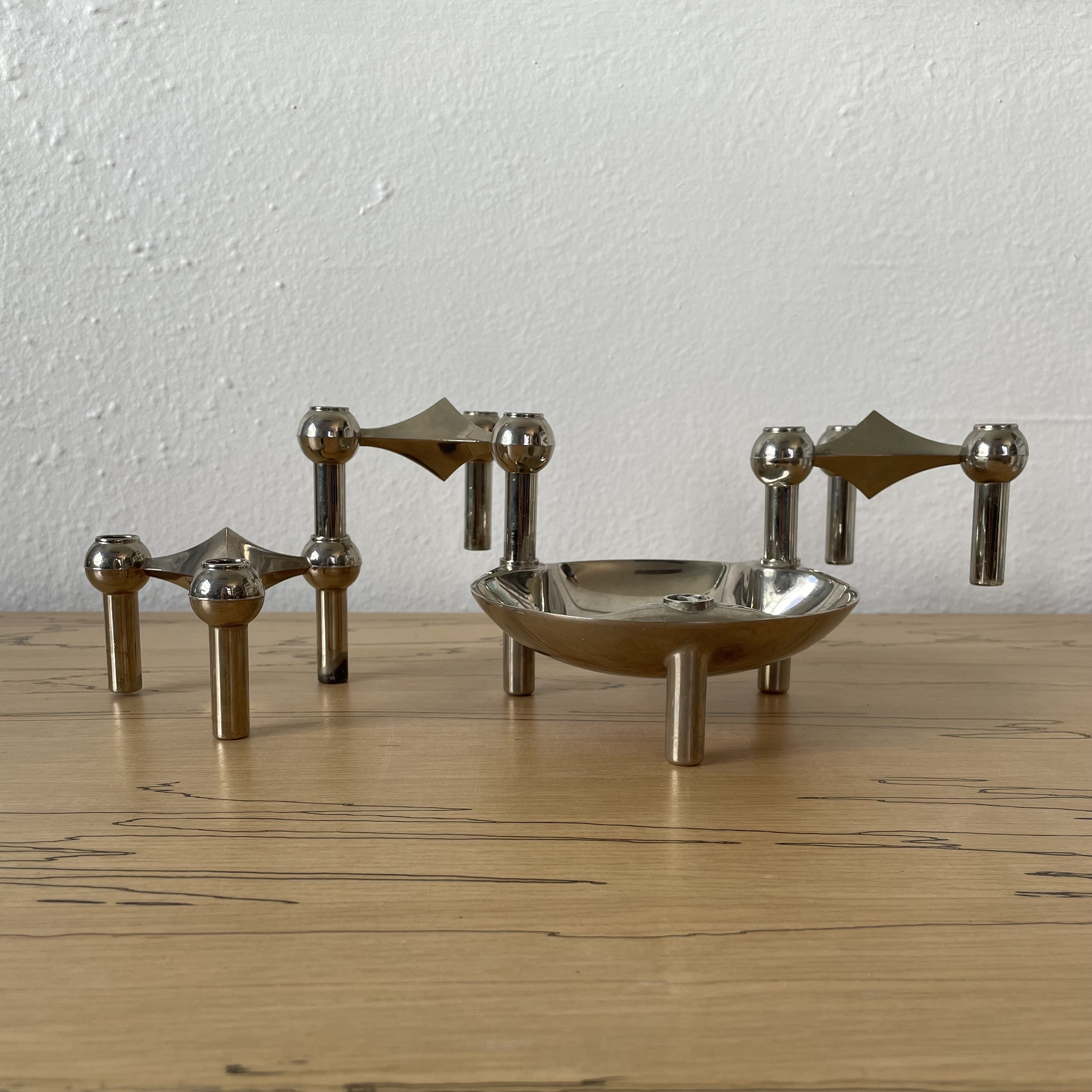 Vintage Chrome Nagel Modular Candleholders With Bowl Dish Vintage Chrome Nagel Modular Candleholders With Bowl Dish