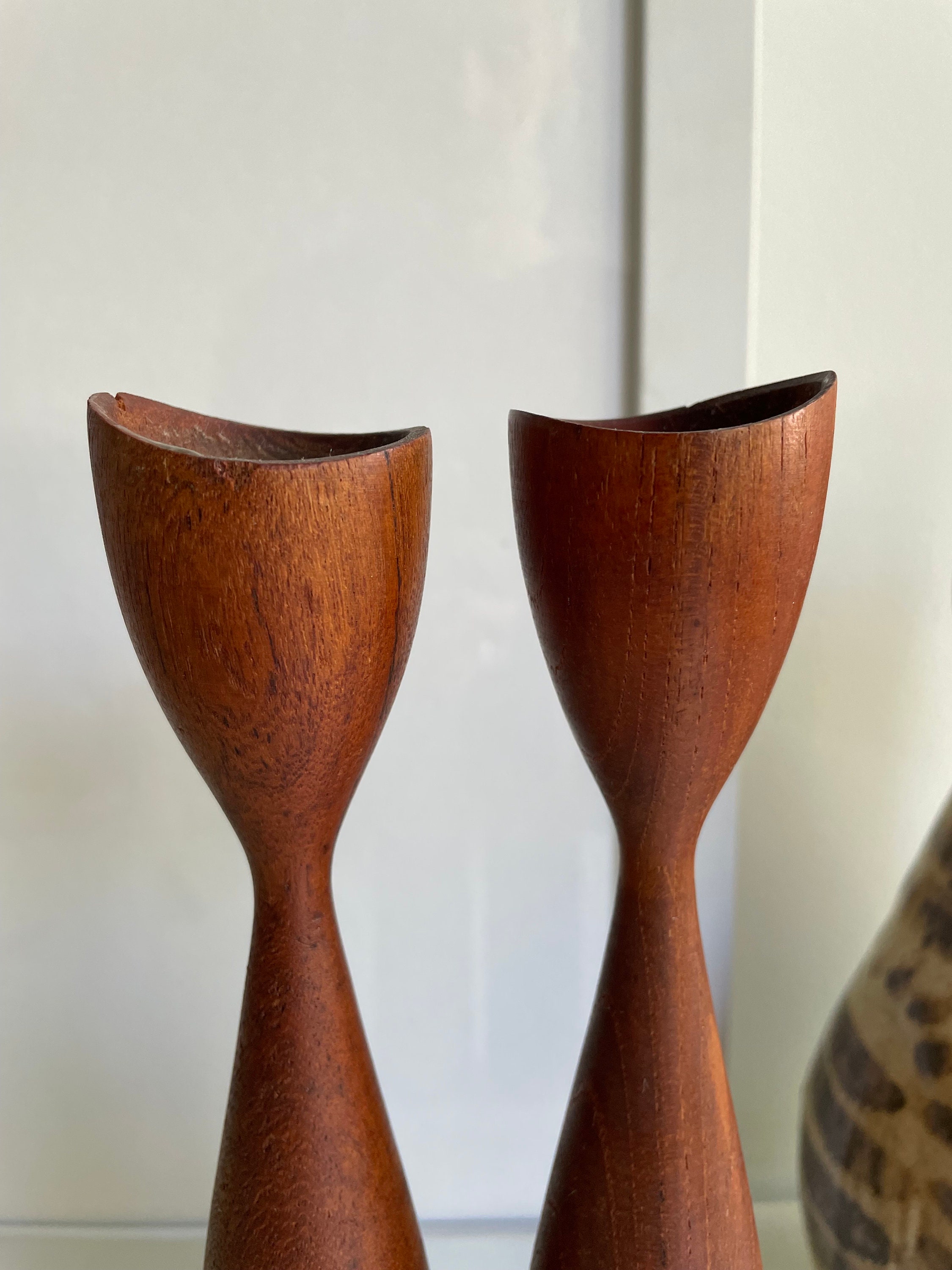 Mid Century Turned Wood Candlestick Pair Set of Two 2 Teak Wood Tulip ...
