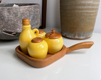 Vintage 1950s Yellow Salt & Pepper Cruet Set | Jie Sweden | Mustard or Honey Pot | Serving Tray | Scandinavian Swedish Modern