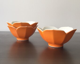 Vintage Orange Porcelain Lotus Rice Bowls // Set of Three (3) // White Flower Blossom