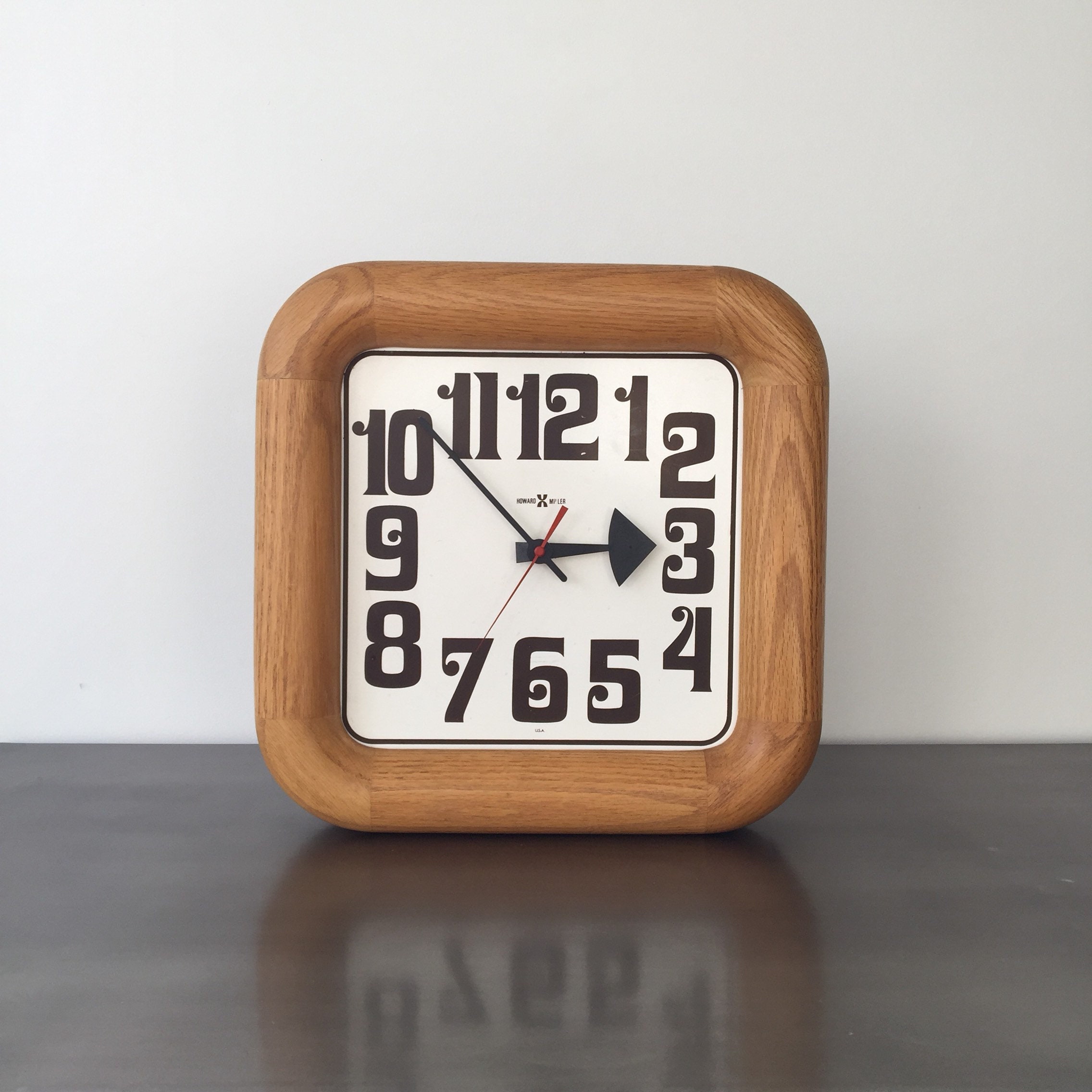 Mid Century 1960s Arthur Umanoff for Howard Miller Square Wall Clock Oak  Wood Frame Typography American Modern Design 