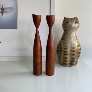 Mid Century Turned Wood Candlestick Pair | Set of Two (2) | Teak Wood Tulip Form | Made in Denmark | Scandinavian Modern Danish Design