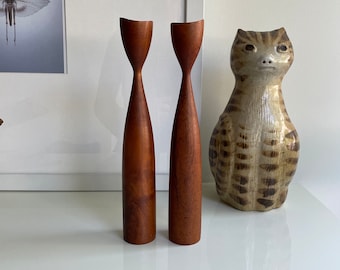 Mid Century Turned Wood Candlestick Pair | Set of Two (2) | Teak Wood Tulip Form | Made in Denmark | Scandinavian Modern Danish Design