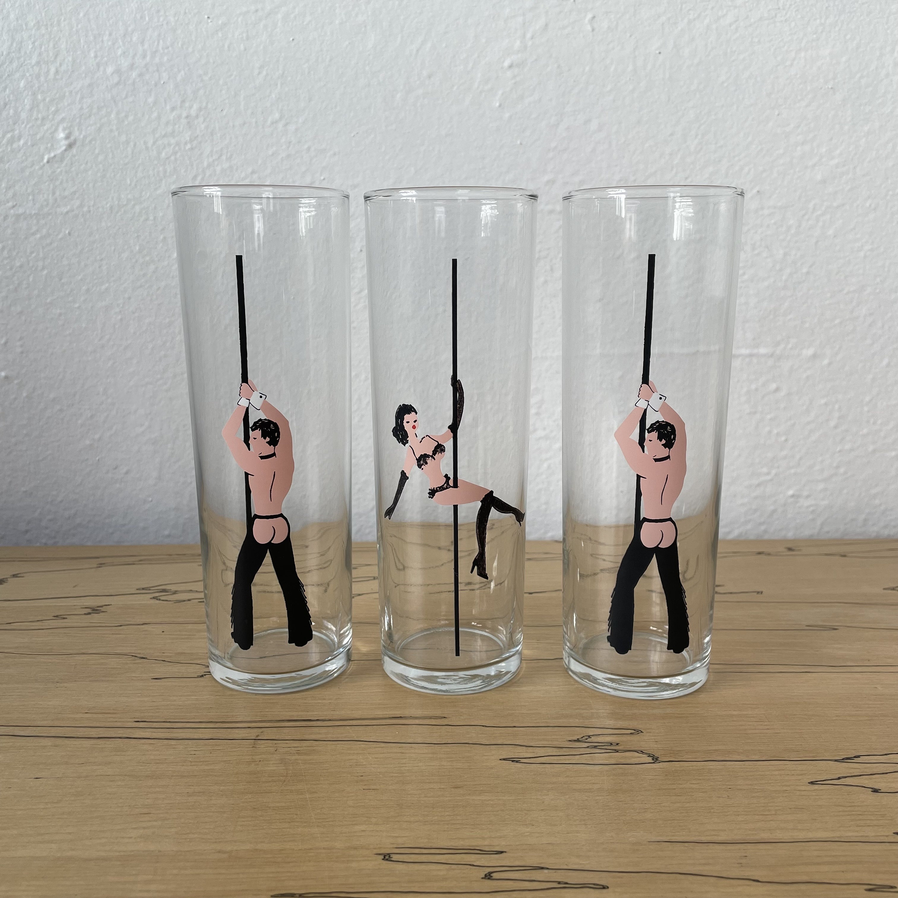 Vintage Rare Libbey Pole Dancer Glass Tumbler Set of Three Drinking Glasses  Exotic Stipper Burleque Gay Interest Bachelor Bachelorette 