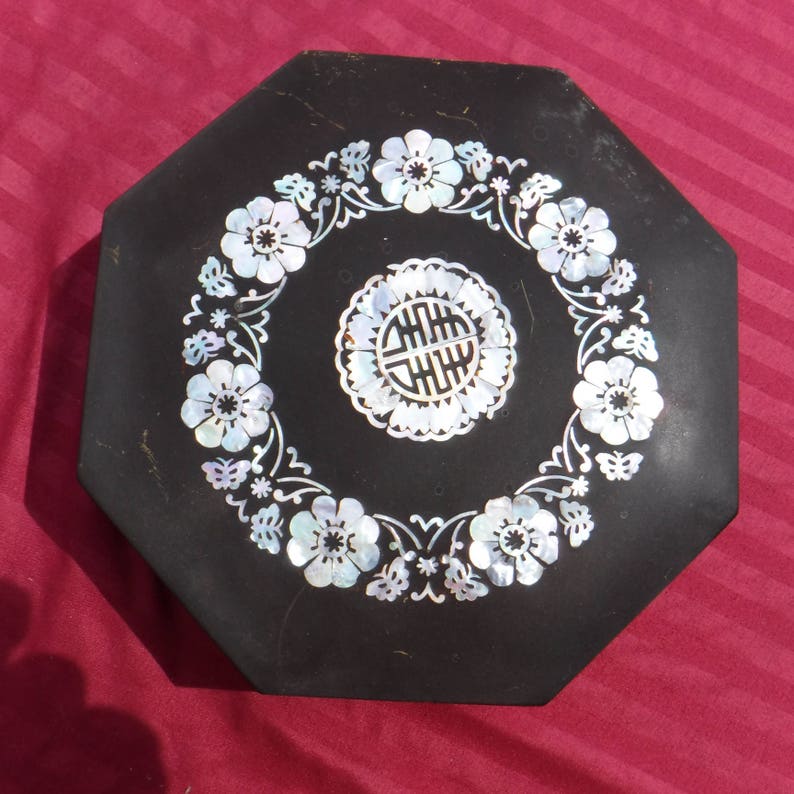 Vintage Octagonal Jewelry Trinket Box Mother of Pearl Home decor Collectible Repurpose Memory Box Dresser Box