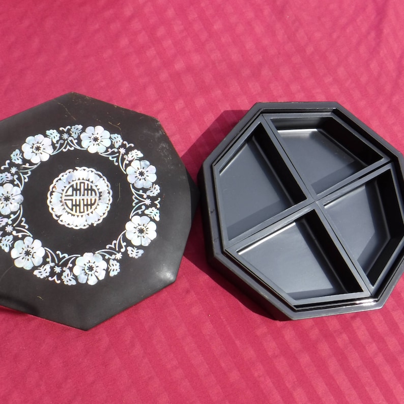 Vintage Octagonal Jewelry Trinket Box Mother of Pearl Home decor Collectible Repurpose Memory Box Dresser Box