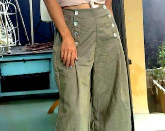 Customize Linen Culottes: 1930s Style Wide Leg Sailor Pants High-Waist Palazzo Trousers, Below Ankle Length Palazzo with coconut button