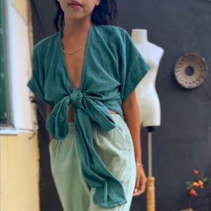 Organic Cotton Gauze Wrap Crop Top - Fitted Blouse with Bat Sleeves