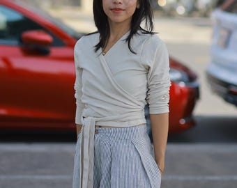 Ribbed Cotton Crop Top: Long Sleeve Jersey Blouse Easy Wrap To Cover Your Belly Or Wear Like Crop Top