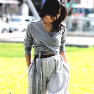 Jersey Long Blouse Long Sleeves Cotton Wrap Top Winters Wrap Blouses Wrap Tank Top Yoga Top Stay Warm In Jersey Rib Cotton Confortable Yoga