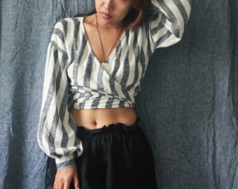 Custom Linen Wrap Crop Top: Bishop Sleeves, Drop Shoulder Blouse
