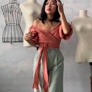 Customize Organic Cotton Gauze Wrap Crop Top: Custom 7 Way Blouse, Gauze Organic Cotton Wrap Crop Top Sleeves Elbows Length