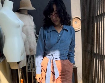 Organic Cotton Gauze Wrap Top: Long Sleeve, V-Neck, Coconut Buttons
