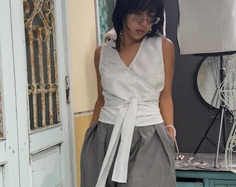 Custom Linen  Wrap Blouse: Sleeveless Wrap Top