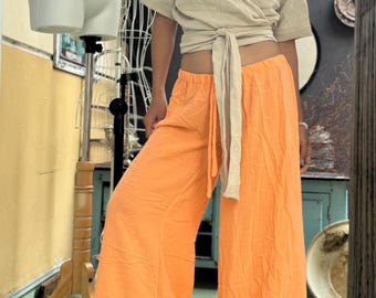 Organic Gauze Cotton Trousers: Custom-Fit Low Crotch Pants No Side seam Beaches Trousers