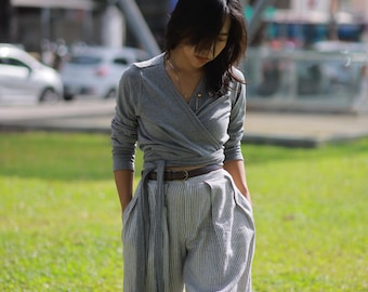 Customized Ribbed Cotton Wrap Top: Long Sleeve Jersey Blouse, Yoga Tank Easy Wrap To Cover Your Belly Or Wear Like Crop Top
