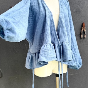 Customize Gauze Cotton Wrap Blouse: Babydoll Wrap Top with Bishop Sleeves