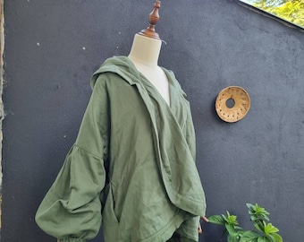 4 Layer Linen Cotton Fishbone Heavy Coat: Crossover Wrap Cardigan Jacket