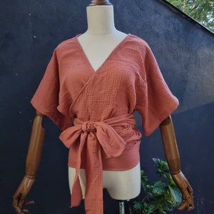 Customize Organic Cotton Wrap Blouses Wraparound Blouse Wrap Crop Top Wrap Tank Top Bubbles Gauze Cotton Wrap Top Long Strings Gifts For Her