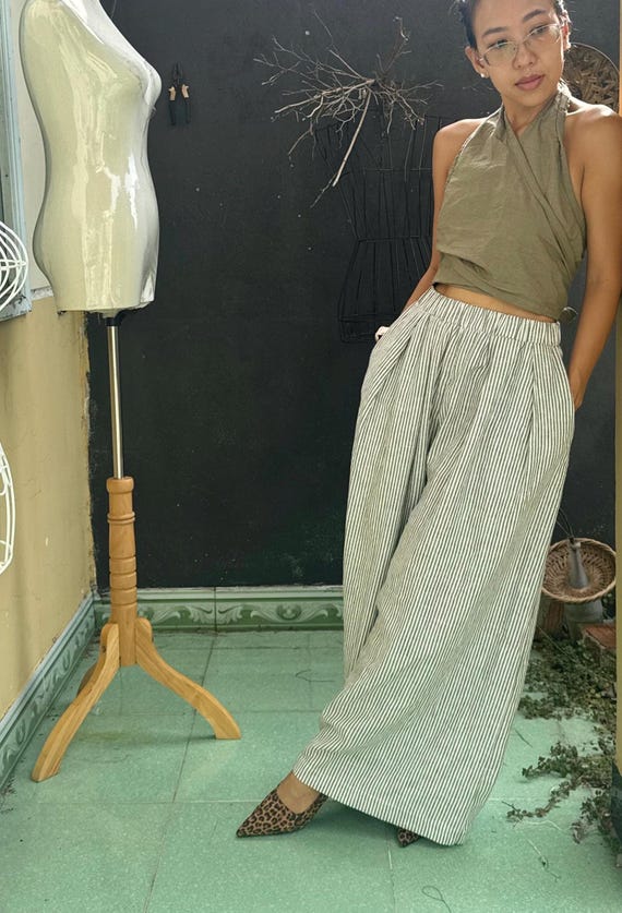 Linen Pants Outfit High Waisted Wide Leg Striped Pants Custom