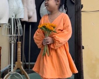 Organic Cotton Double Gauze Puffy Sleeve Wrap Dress for Girls – Boho Rustic Style