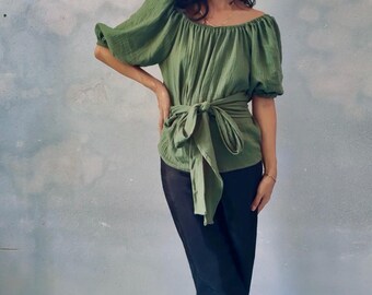 Organic Cotton Wrap Blouse: Bubble Gauze Crop Top with Long Ties And Elbow sleeves