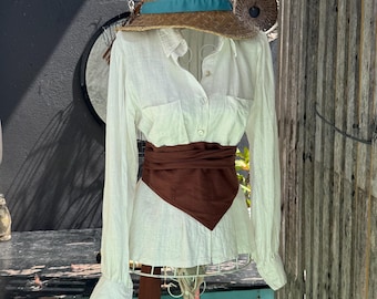 Custom Linen Blouse, Loose Fit, Long Bell Sleeves, Mother Shell Buttons