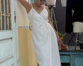 Customizable Low Calf Linen Wrap Dress: Fitted or Loose Fit, Adjustable Straps