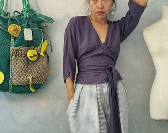 Customize Linen Deep V-Neck Wrap Blouse: 3/4 Sleeves with Long Vintage Corset Tie Belt Blouses