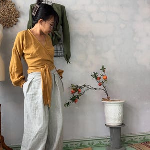 Customize Organice Cotton Gauze Crop Top: Bishop Sleeves Wrap Blouse Drop Shoulder Gauze Cotton Wrap Blouse For Winter With Shirt  Cuffs