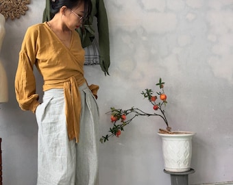 Customize Organice Cotton Gauze Crop Top: Bishop Sleeves Wrap Blouse Drop Shoulder Gauze Cotton Wrap Blouse For Winter With Shirt  Cuffs