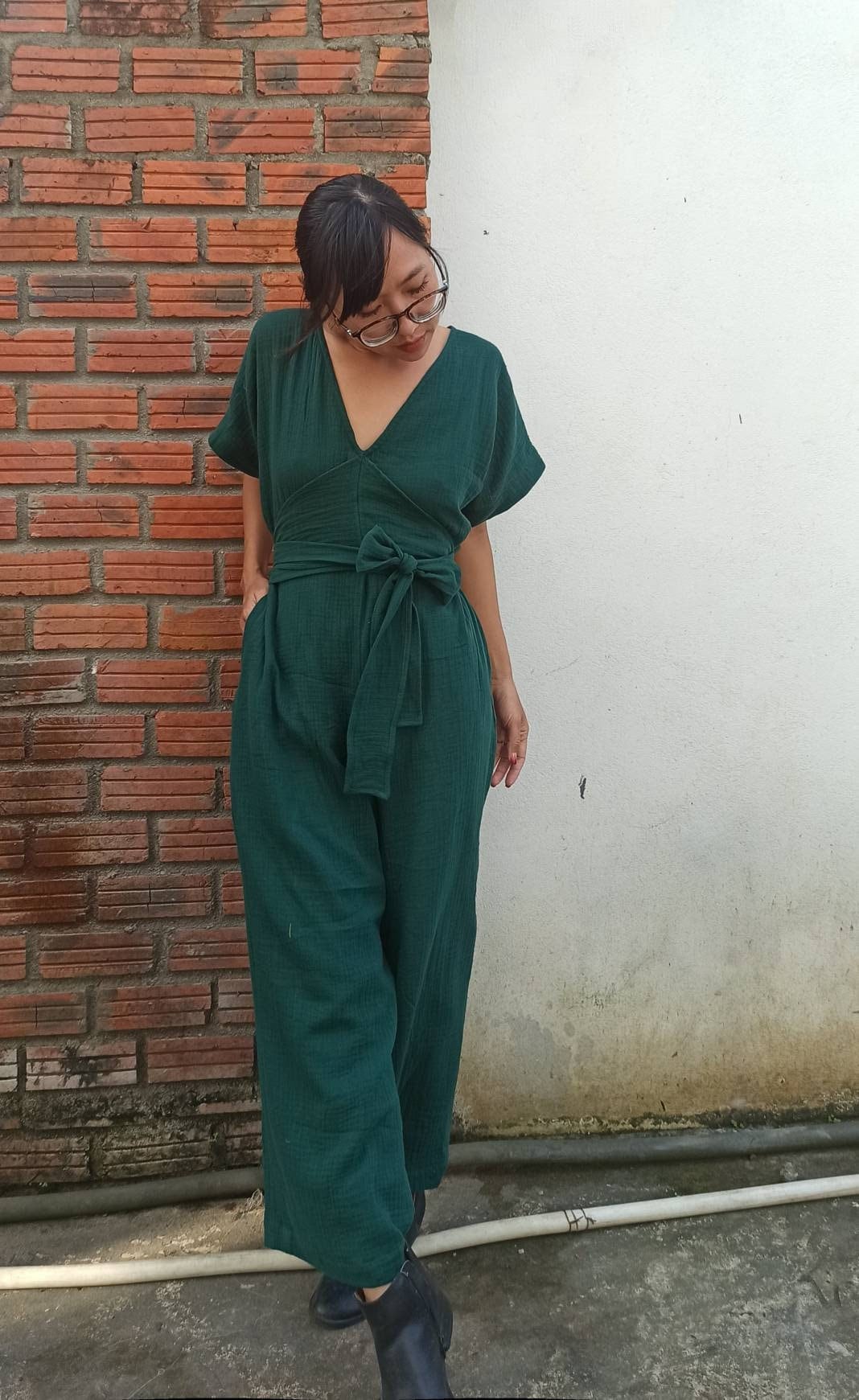 Organic Cotton Gauze Jumpsuit: Boho Wraparound Deep V Neck Wide Leg Jumper