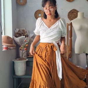 Customize Long Strings Cotton Wrap Tops Muslin Wraparound Blouses Wrap Tops Cotton Crepe Crop Tops  Tank Tops  Crop Top Linen Wrap Blouse