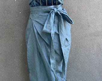 Custom Linen Wrap Skirt: Elegant Mid-Calf Tulip Skirt