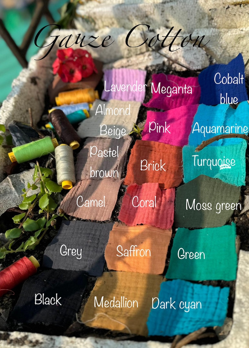 May include: A display of colorful cotton gauze fabric swatches in various shades, including pink, blue, green, and brown. The image also features spools of thread and the text "Gauze Cotton."