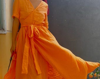 Custom Fitted Wrap Dress Simple  Organic Cotton Gauze Muslin For Summer