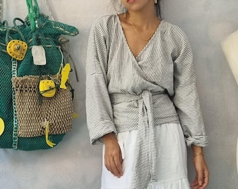 Custom Linen Loose Wrap Blouse: Long Sleeve Drop Shoulder Top