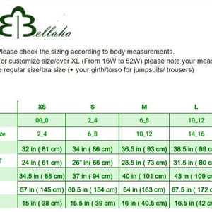 May include: A size chart from Bellaha, with measurements in inches and centimeters. The chart includes bust, waist, hip, torso/girth, and shoulder to waist measurements, along with US and UK/AU sizes from XS to XL.