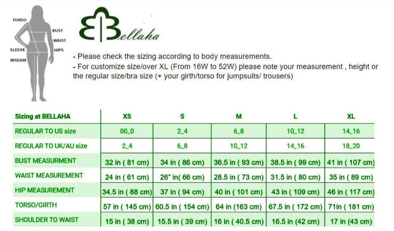 May include: A size chart from Bellaha, with measurements in inches and centimeters. The chart includes bust, waist, hip, torso/girth, and shoulder to waist measurements, along with US and UK/AU sizes from XS to XL.