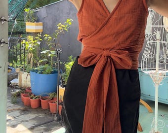 Customize Organic Cotton Gauze Wrap Crop Top Sleeveless For Summer Custom Fit Crop Blouse