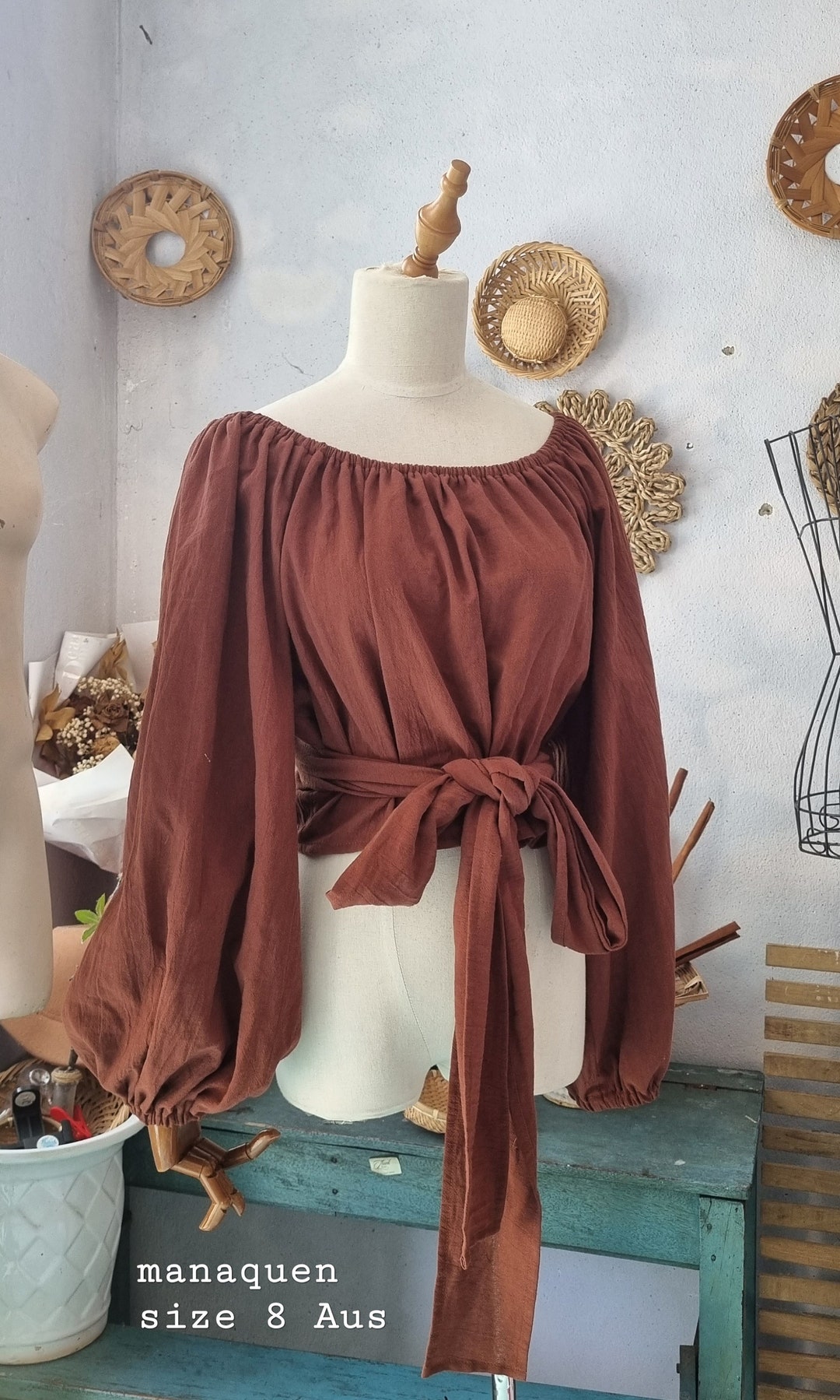 Customize Cotton Crepe Crop Wrap Top: Long Bishop Sleeve 7 Ways Wraparound Crop Tank Top Long Sleeves Wrap Blouses