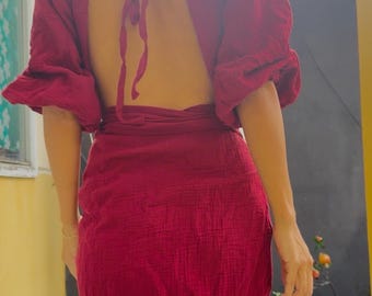 Organic Cotton Gauze Wrap Dress: Backless Boho Mermaid Style, Tulip Cut