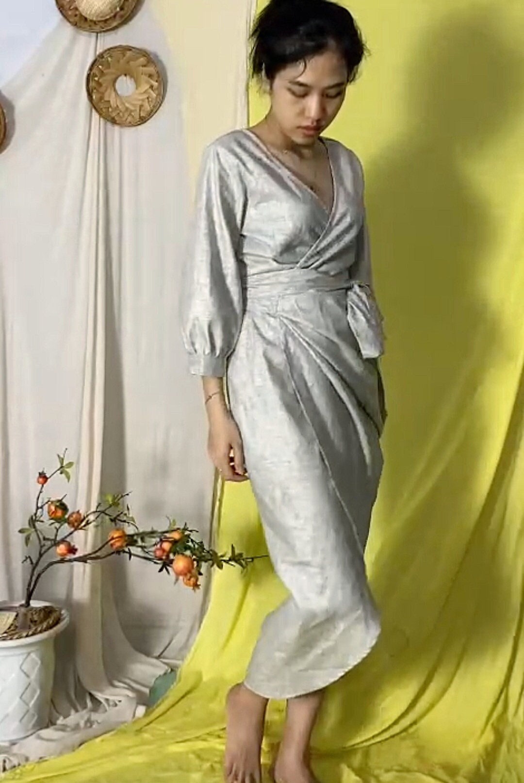 Tulip Hem Linen Dress in Offwhite Print