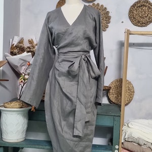 Custom Linen Tulip Wrap Dress In Long Sleeves Version Customize Wrap Dress Weeding Dress Boho Dress Bridesmaid Linen Wrap Dress