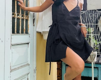 Custom Linen Wrap Mini Dress: Adjustable Straps, Tie Waist, Summer Slip