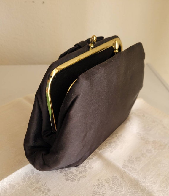 Vintage Black Taffeta Clutch Handbag with Bow c.1… - image 5