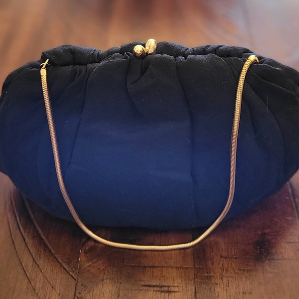 Ingber Black Chiffon Vintage 1950s Handbag Gold Kiss Latch & Coil Handle