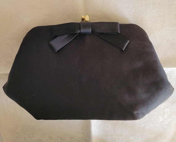 Vintage Black Taffeta Clutch Handbag with Bow c.1… - image 7